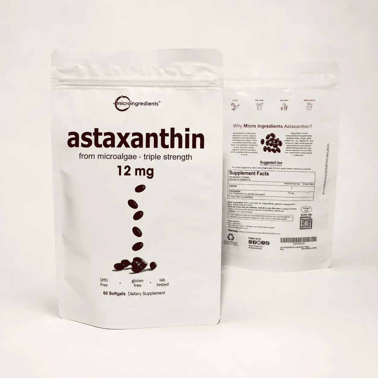 Astaxantina 12 mg de microalgas en softgels, suplemento antioxidante libre de gluten y GMO para acompañar el bienestar celular, visual, físico y de la piel dentro de una rutina saludable.
