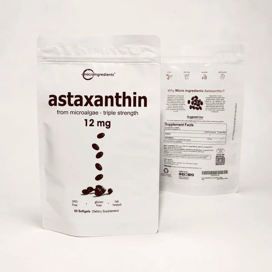 Astaxantina 12 mg de microalgas en softgels, suplemento antioxidante libre de gluten y GMO para acompañar el bienestar celular, visual, físico y de la piel dentro de una rutina saludable.