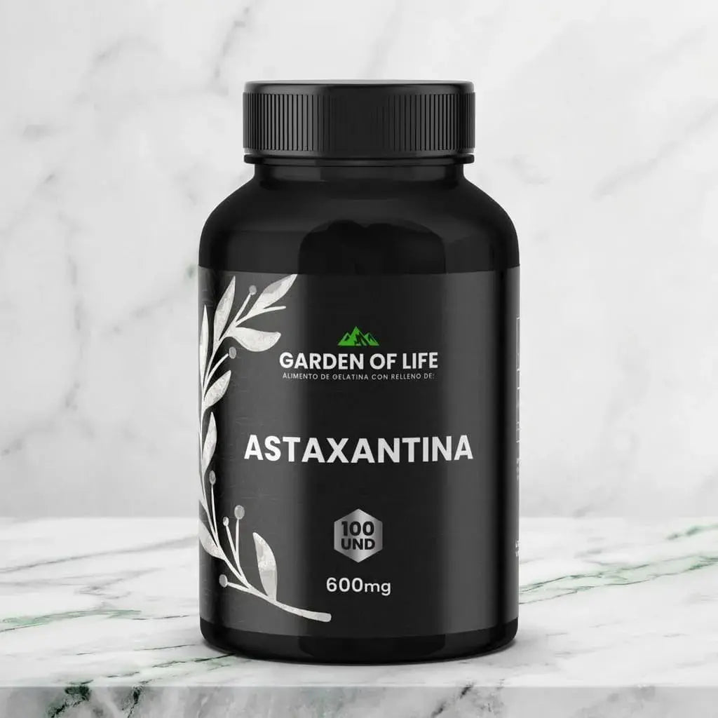 Astaxantina 600 mg en cápsulas, frasco oscuro de 360 cc con termosellado de seguridad. Complemento antioxidante para piel, visión, energía y bienestar diario.