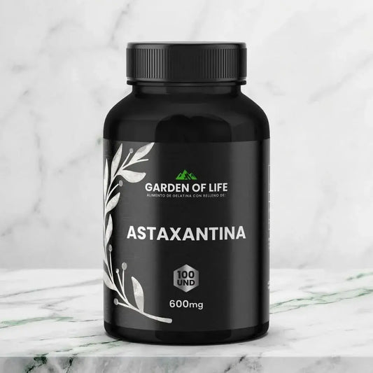 Astaxantina 600 mg en cápsulas, frasco oscuro de 360 cc con termosellado de seguridad. Complemento antioxidante para piel, visión, energía y bienestar diario.