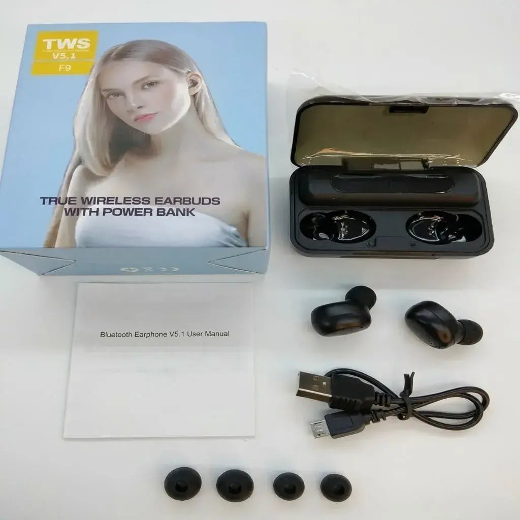 Audífonos inalámbricos F9 TWS Bluetooth con estuche de carga portátil, ideales para música, llamadas, estudio, trabajo y uso diario.