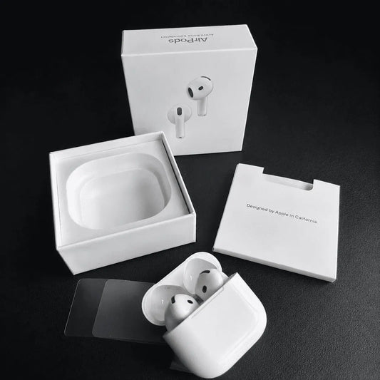 Audífonos inalámbricos tipo AirPods 4 con estuche de carga USB C, control táctil, conexión rápida, diseño cómodo y batería recargable para música, llamadas y uso diario.