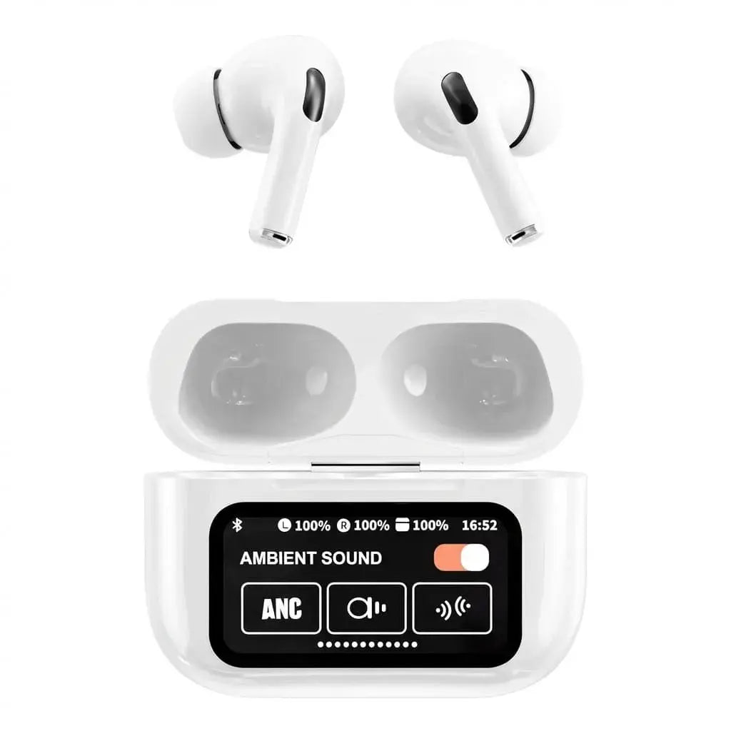 Audífonos inalámbricos Pro 2 ANC con Bluetooth 5.3, cancelación activa de ruido, modo transparencia, iluminación LED y estuche con pantalla táctil inteligente.