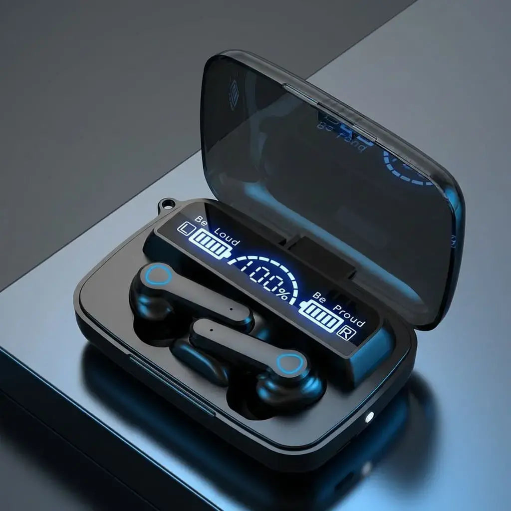 Auriculares inalámbricos M19 Bluetooth TWS con pantalla LED, control táctil, conexión automática, sonido 9D, estuche power bank y linterna integrada.