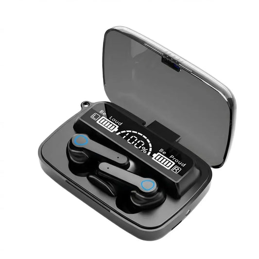 Auriculares inalámbricos M19 Bluetooth TWS con pantalla LED, control táctil, conexión automática, sonido 9D, estuche power bank y linterna integrada.