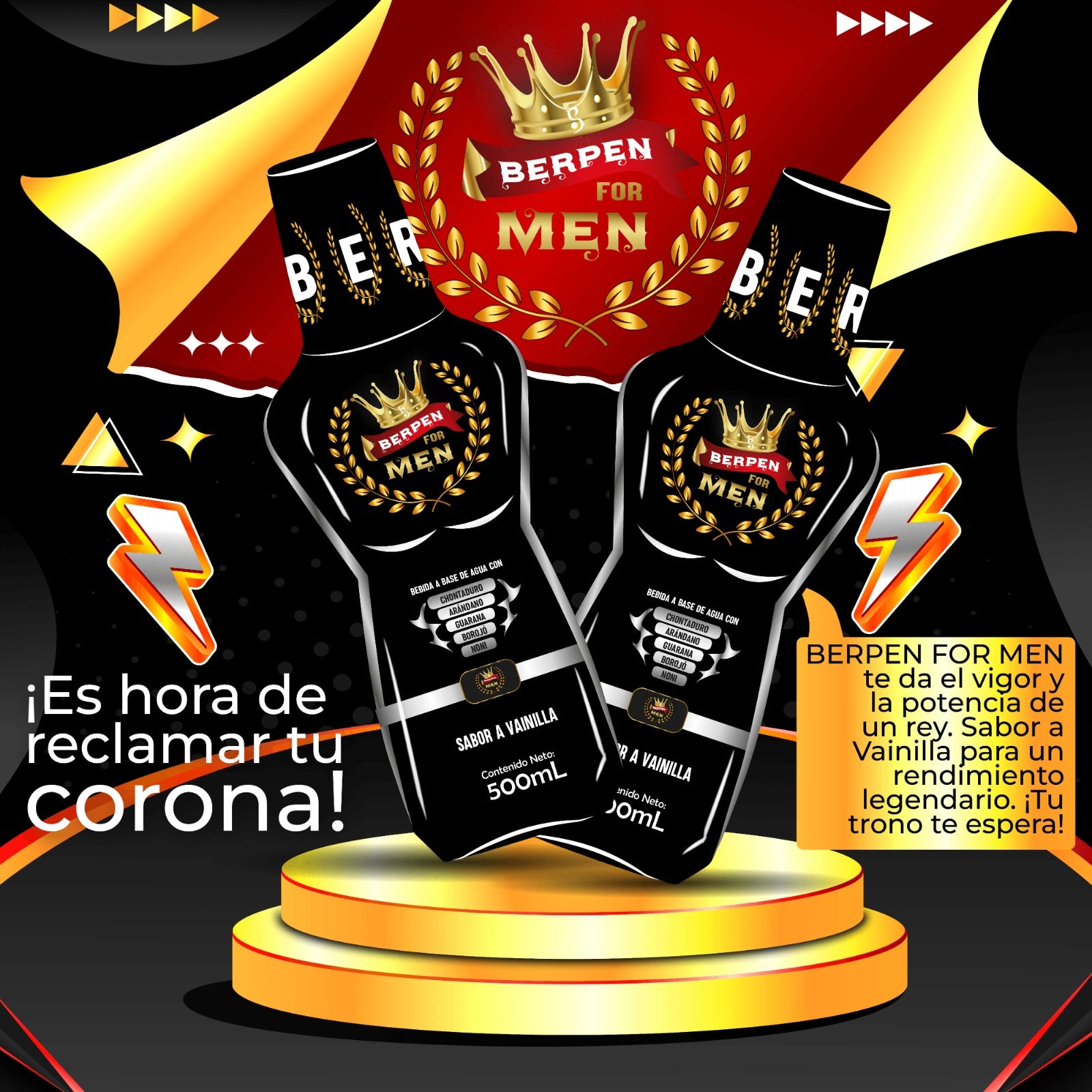 BERPEN For Men bebida energizante masculina de 500 mL sabor vainilla con taurina, L arginina, citrulina, guaraná y zinc. Apoya energía, vitalidad y rendimiento diario.