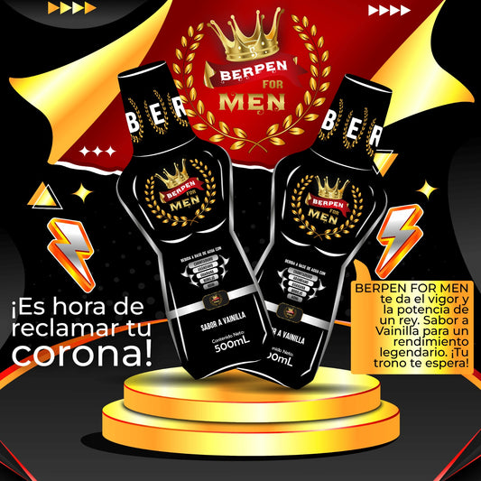 BERPEN For Men bebida energizante masculina de 500 mL sabor vainilla con taurina, L arginina, citrulina, guaraná y zinc. Apoya energía, vitalidad y rendimiento diario.