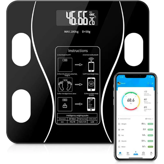Báscula digital corporal de alta precisión con pantalla LED, sensores inteligentes y encendido automático. Diseño moderno y fácil de usar para control del peso en el hogar.