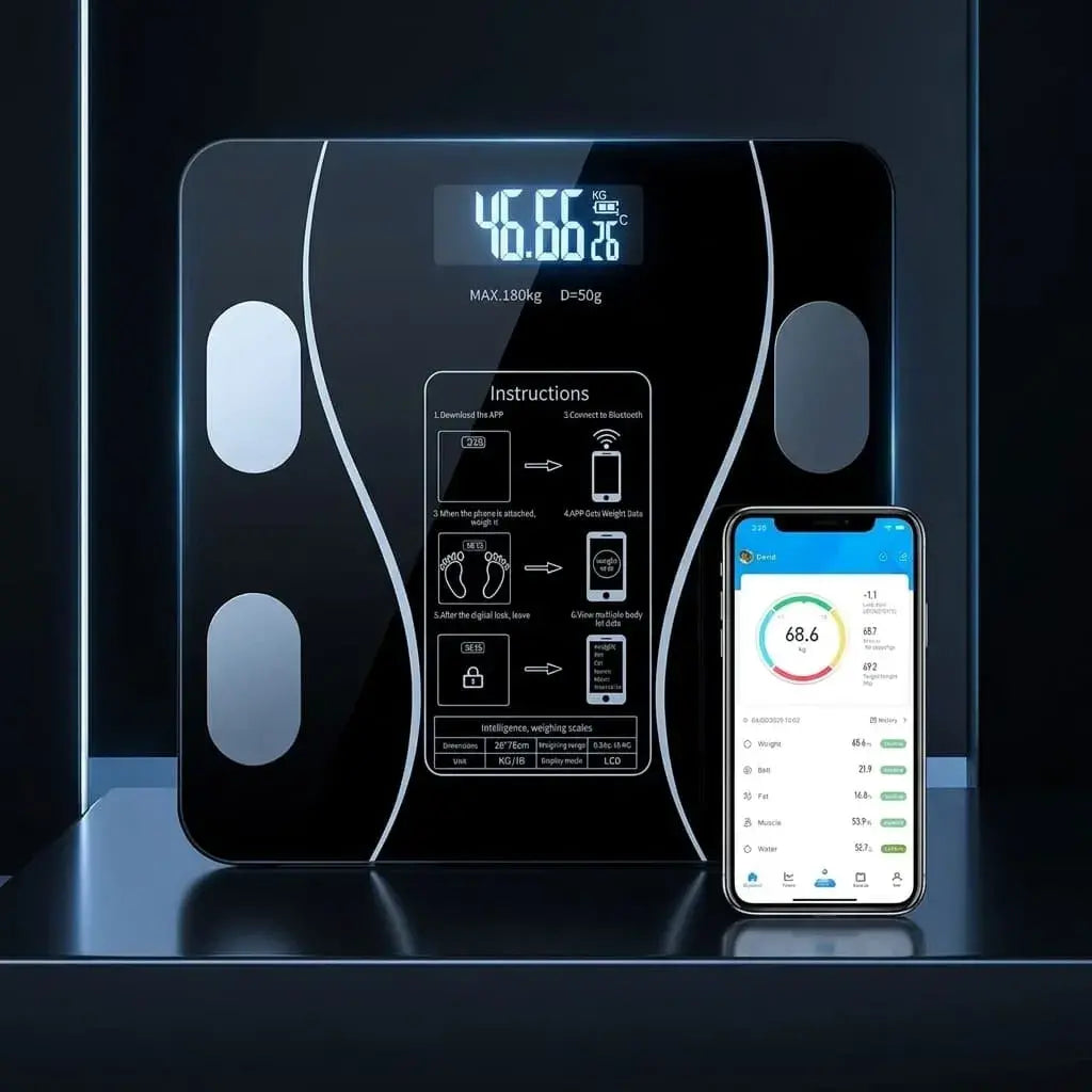 Báscula digital corporal de alta precisión con pantalla LED, sensores inteligentes y encendido automático. Diseño moderno y fácil de usar para control del peso en el hogar.