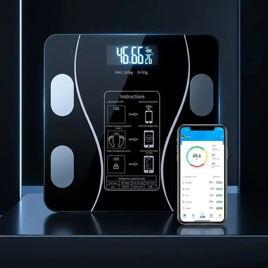 Báscula digital corporal de alta precisión con pantalla LED, sensores inteligentes y encendido automático. Diseño moderno y fácil de usar para control del peso en el hogar.