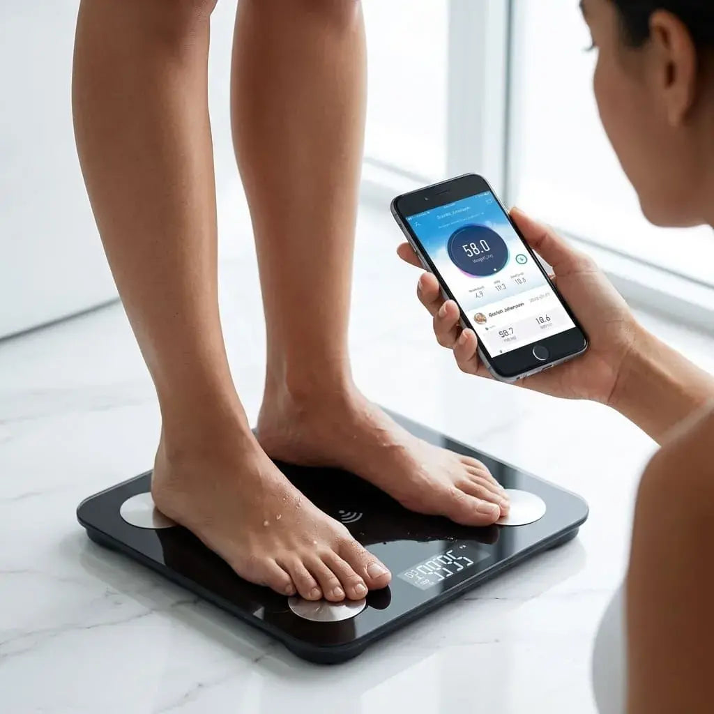 Báscula digital inteligente Bluetooth con app Ok Ok, pantalla LCD, capacidad de 180 kg, medición precisa y seguimiento del peso corporal desde el celular.