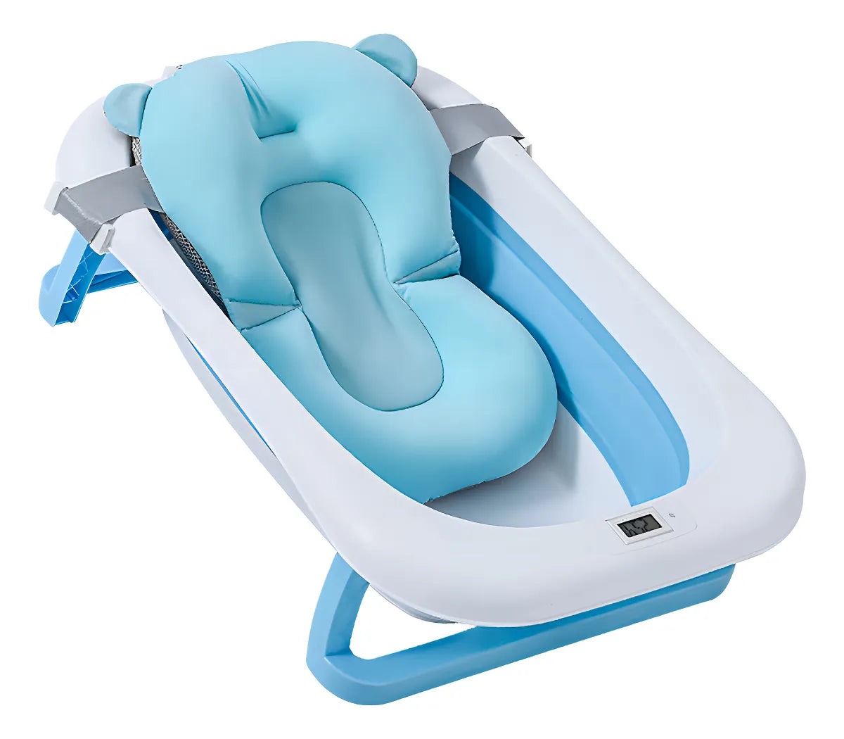 Bañera plegable para bebé con termómetro integrado, cojín acolchado, base antideslizante, tapón de drenaje, capacidad de 25 litros y diseño portátil para casa o viajes.