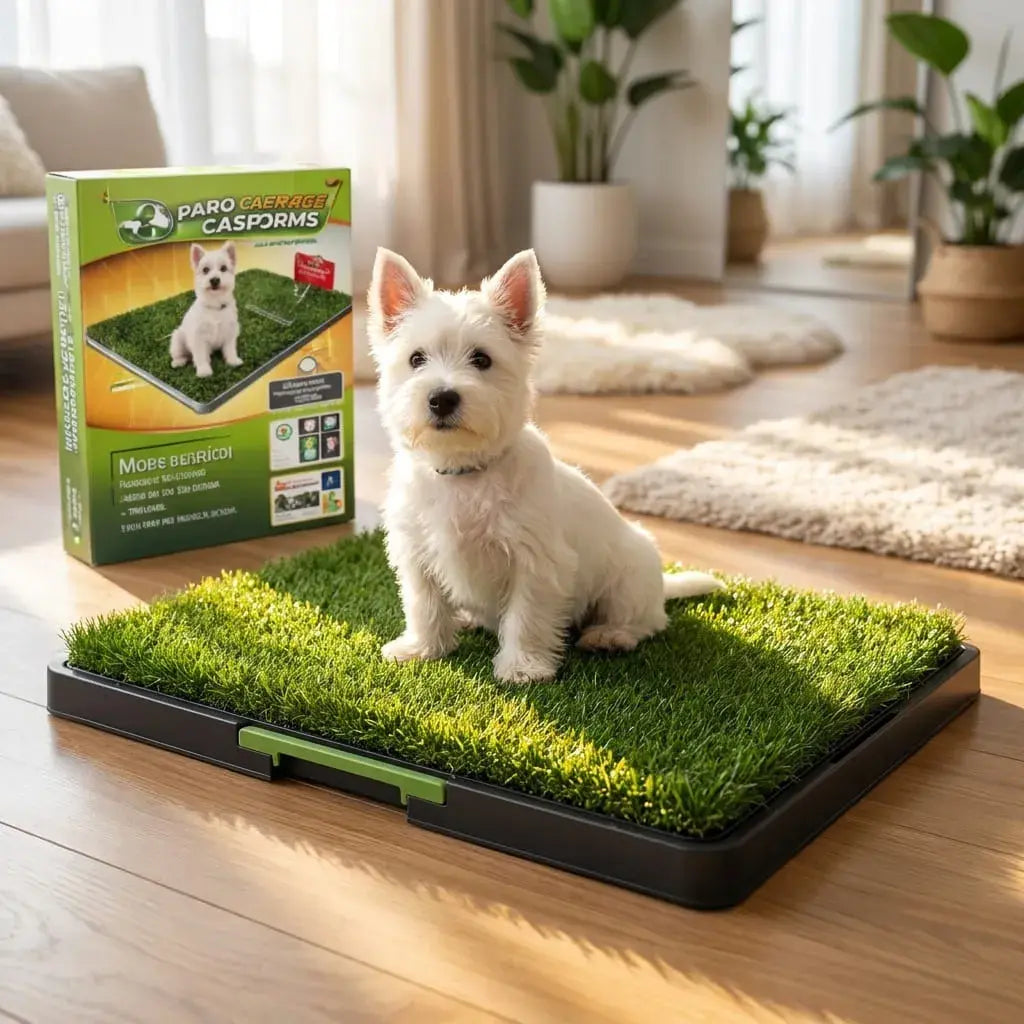 Baño entrenador para perros pequeños y medianos con césped artificial, bandeja recolectora, sistema antifugas y diseño reutilizable para interiores, exteriores y apartamentos.