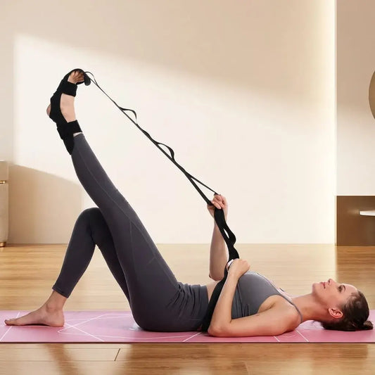 Banda estiradora FlexStrap DROPS con múltiples agarraderas, ideal para estiramiento, movilidad, flexibilidad, yoga, pilates y rutinas en casa.