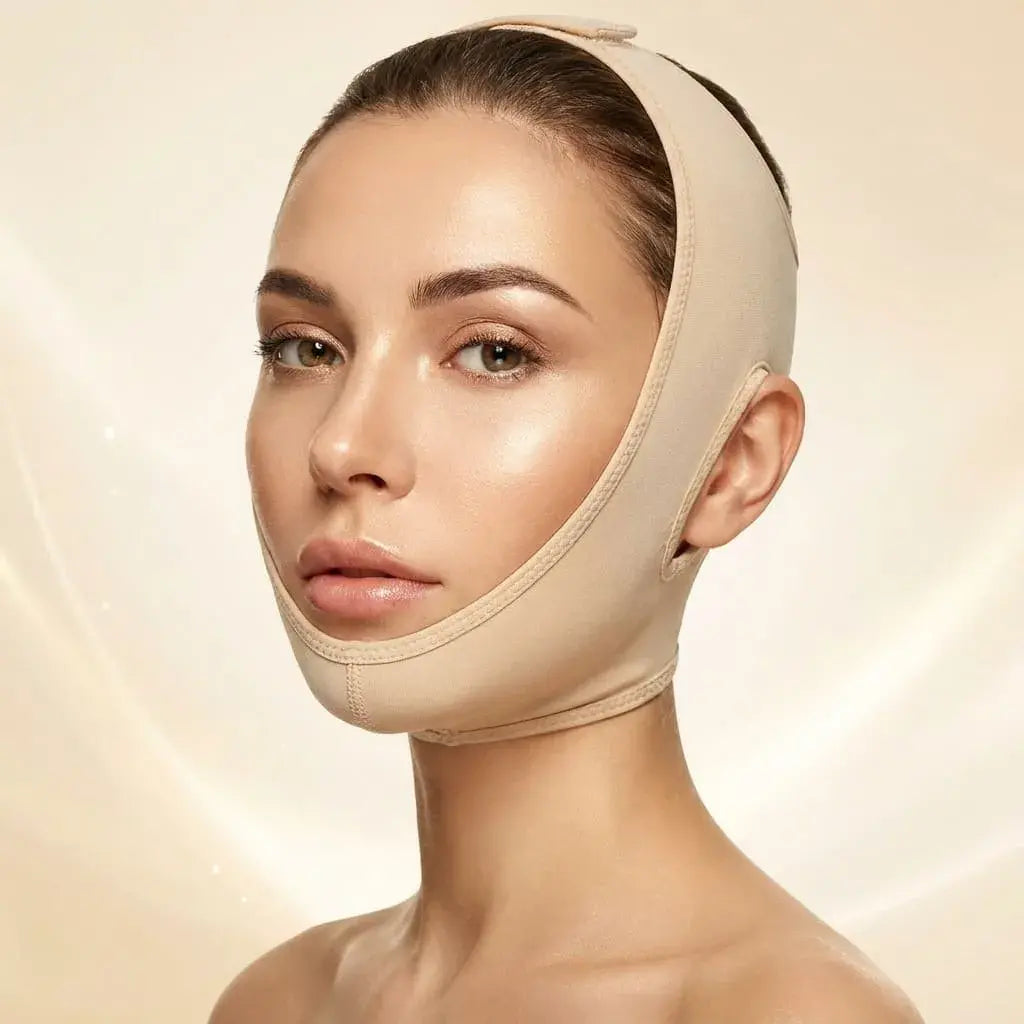 Banda Facial de Soporte para Papada y Mejillas en tela suplex. Accesorio ligero, cómodo, transpirable y de talla universal para rutinas de cuidado personal en casa.