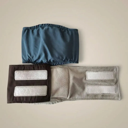 Bandas abdominales reutilizables para perros macho con material absorbente y ajuste en velcro. Lavables, cómodas y disponibles en diferentes tallas.