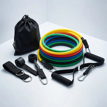 Set de bandas elásticas de resistencia hasta 100 lb con 5 niveles, látex natural, ancla para puerta, asas acolchadas, tobilleras, herrajes reforzados y bolsa de transporte.