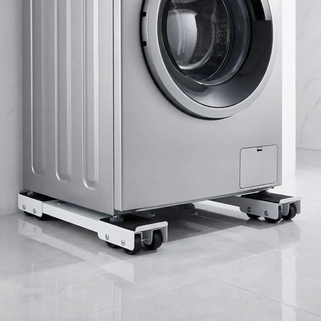 Base móvil ajustable para lavadora, nevera y electrodomésticos. Soporte resistente con ruedas, freno, sistema antideslizante y protección para pisos.