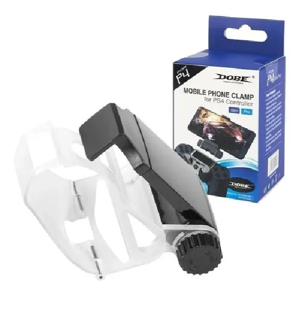 Base soporte para celular en control PS4 con ángulo ajustable de 0 a 270°, clip resistente, sujeción firme e incluye cable de datos para juegos móviles compatibles.