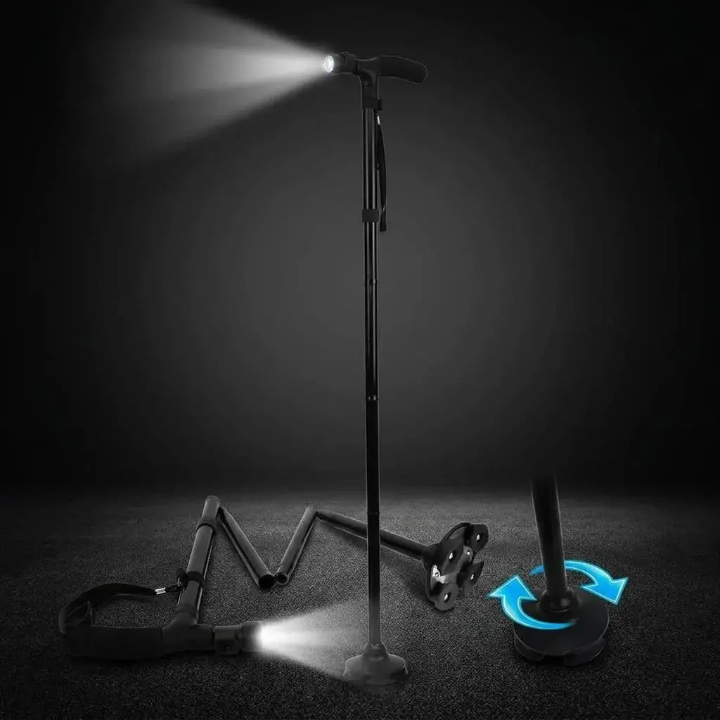 Bastón plegable regulable con luz LED Trusty, fabricado en aluminio, con base de cuatro apoyos, altura ajustable y diseño portátil para caminar con mayor estabilidad.