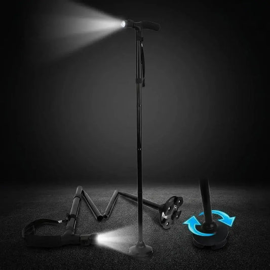 Bastón plegable regulable con luz LED Trusty, fabricado en aluminio, con base de cuatro apoyos, altura ajustable y diseño portátil para caminar con mayor estabilidad.