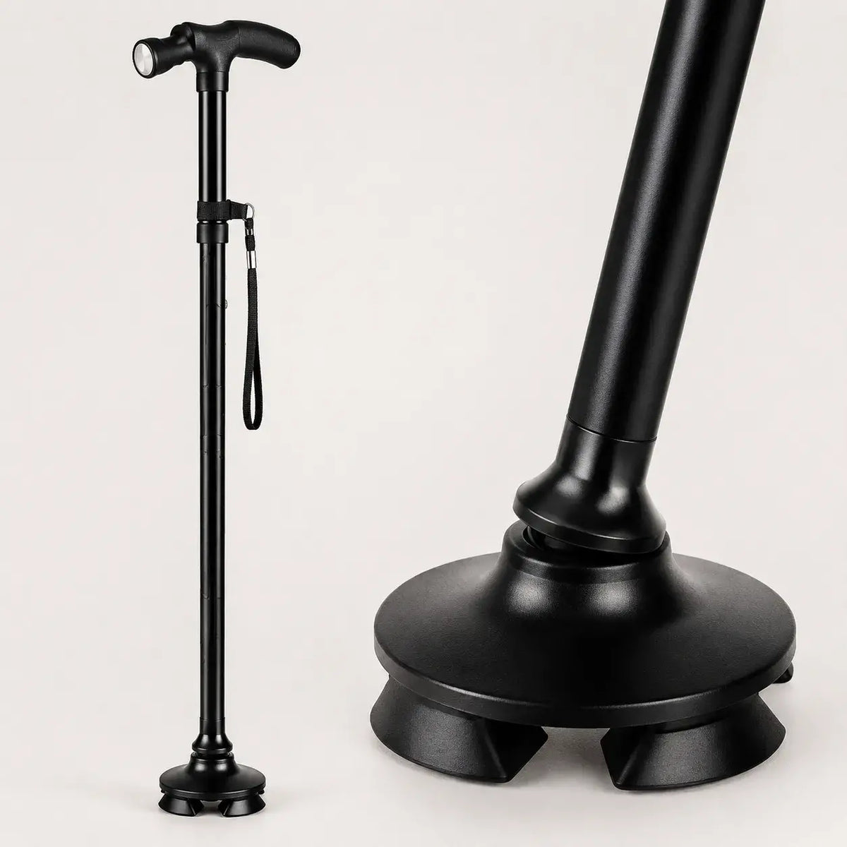 Bastón plegable Magic Cane con luz LED, cinco alturas ajustables y base articulada de cuatro apoyos. Resistente, estable y fácil de transportar.