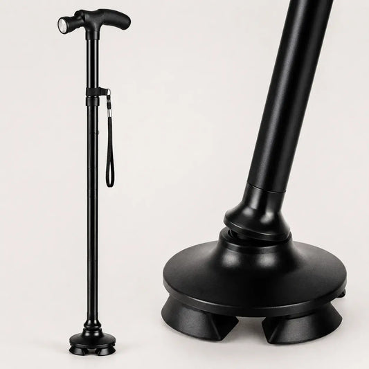 Bastón plegable Magic Cane con luz LED, cinco alturas ajustables y base articulada de cuatro apoyos. Resistente, estable y fácil de transportar.