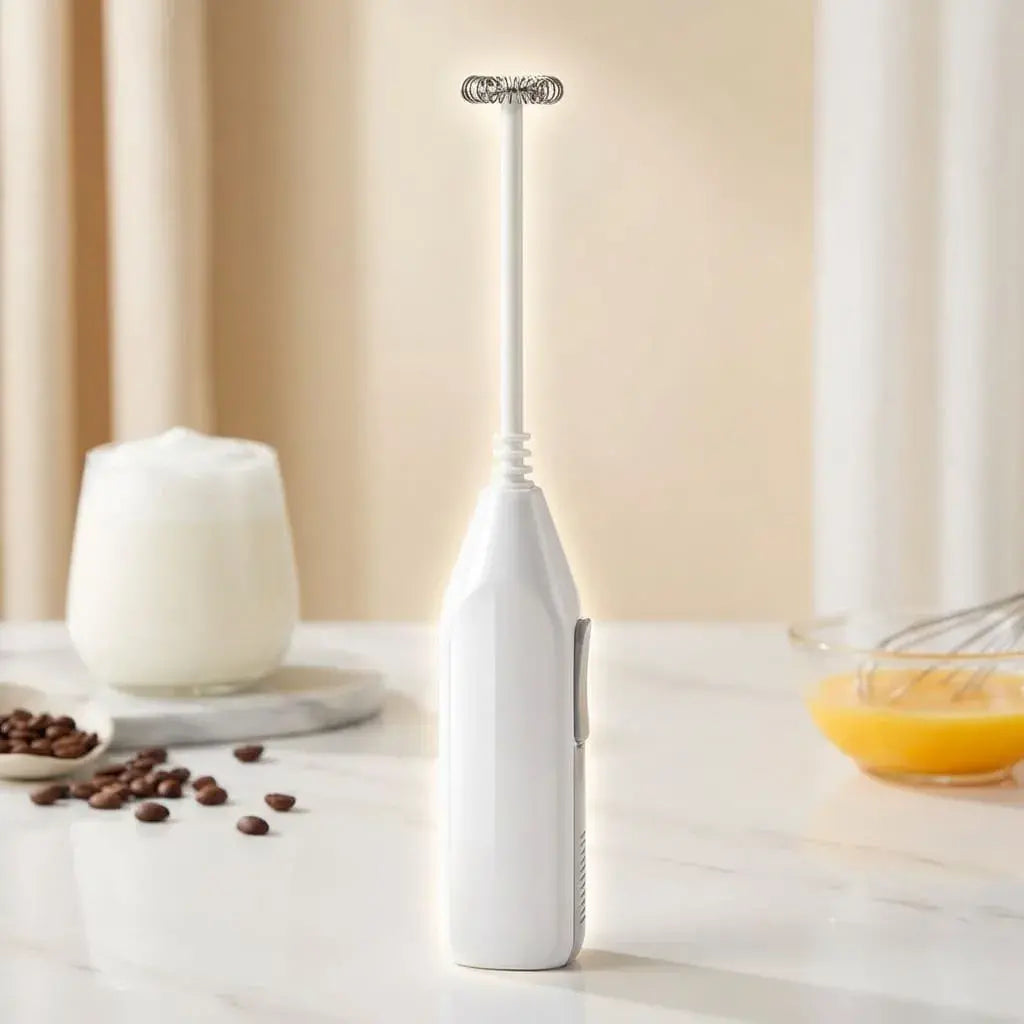 Batidor eléctrico portátil para espumar leche y mezclar bebidas. Varilla en acero inoxidable, ligero, práctico y fácil de usar en casa.