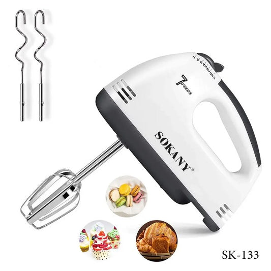 Batidora eléctrica de huevos Sokany 7 velocidades SK-133 para mezclar y batir rápidamente, logrando mezclas suaves y espumosas en cocina y repostería.