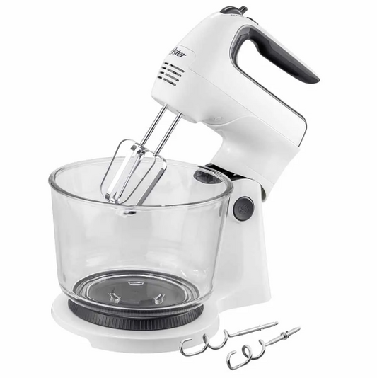 Batidora Oster de mano y pedestal 250W con acción giratoria, 6 velocidades, turbo y tazón de vidrio 3.7L. Ideal para mezclar y amasar fácilmente.