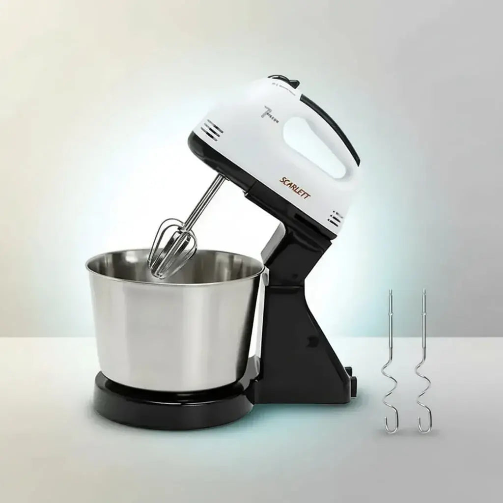 Batidora de mano Scarllet 500W con bowl de 4L, 5 velocidades y función turbo. Ideal para mezclar y batir grandes cantidades de forma rápida y eficiente.