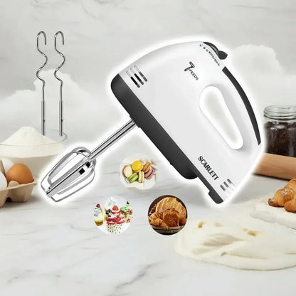 Batidora de mano eléctrica ligera con accesorios para mezclar, batir y amasar. Ideal para cocina doméstica y preparaciones de repostería.