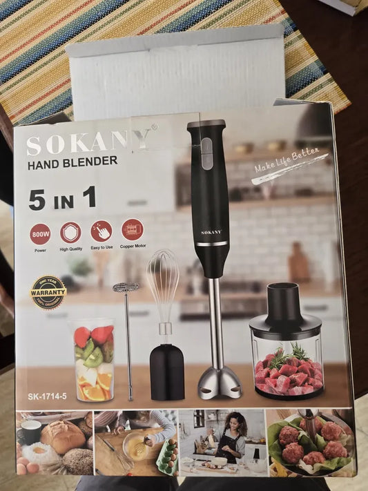 Batidora de mano Sokany 5 en 1 800W multifuncional para mezclar, batir y triturar alimentos de forma rápida, práctica y eficiente en la cocina.