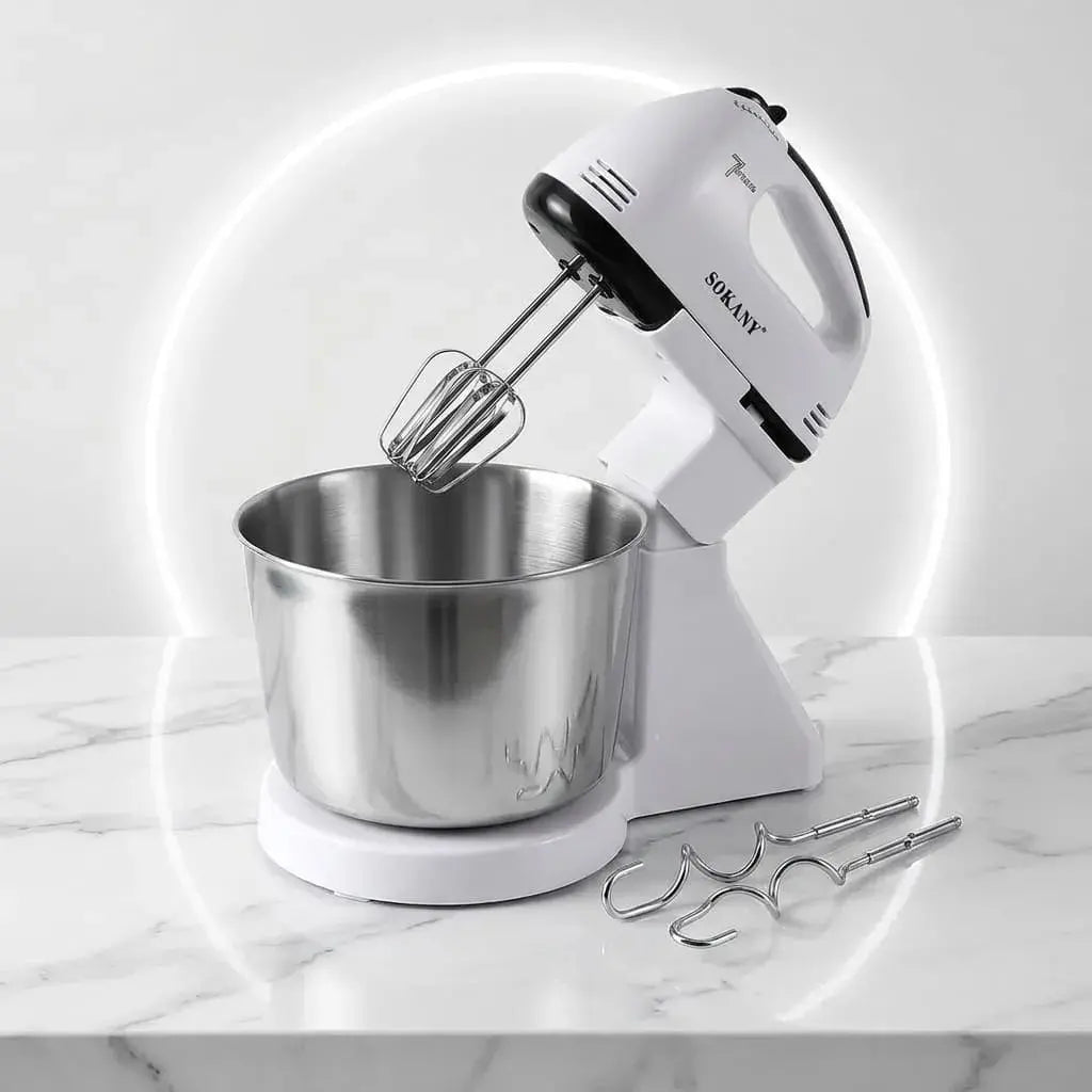 Batidora de pie Sokany 250 W con 6 velocidades, bol de gran capacidad, ganchos de amasado y batidores para masas, cremas, batidos y repostería.