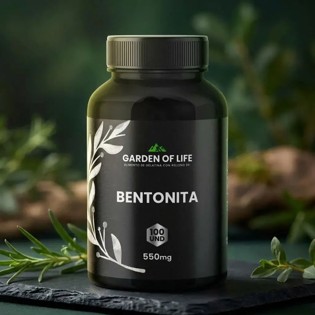 Bentonita 550 mg en cápsulas, frasco oscuro de 360 cc con termosellado de seguridad. Complemento natural para bienestar digestivo, limpieza interna y equilibrio intestinal.