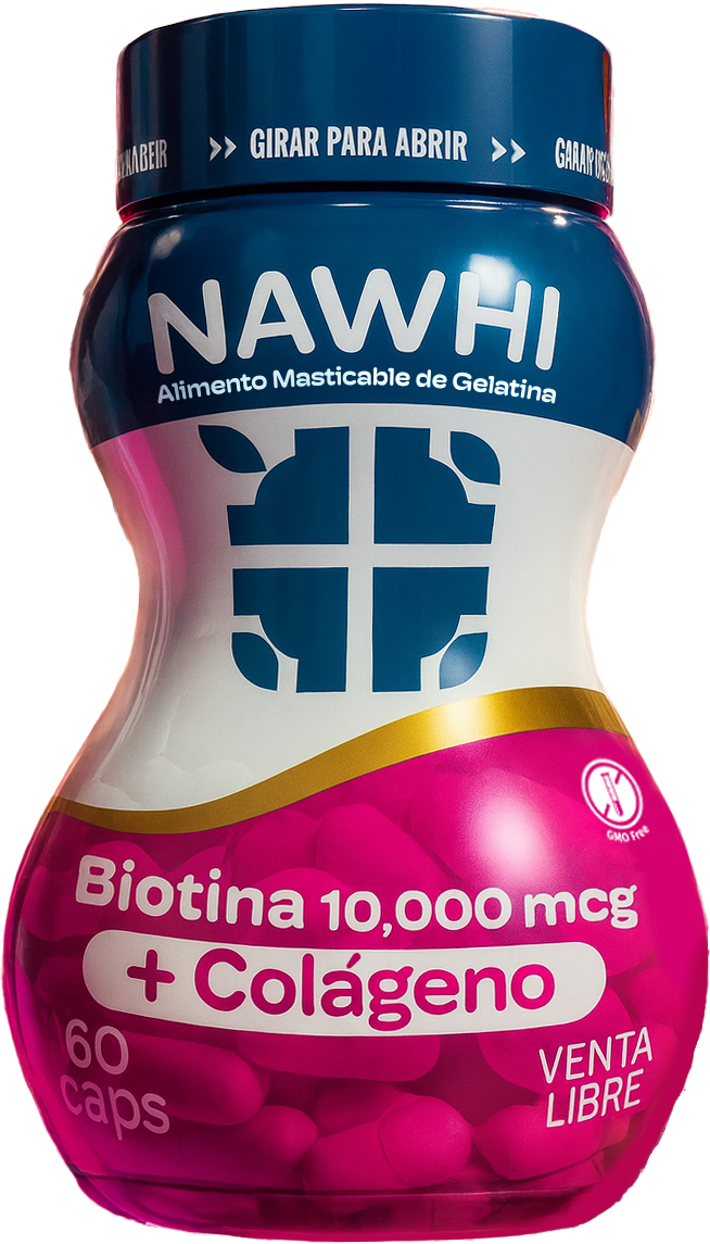 Biotina 10000 mcg con colágeno, vitamina C y zinc Nawhi en cápsulas veganas para rutina de bienestar diaria.