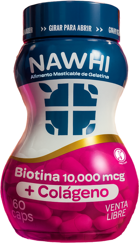 Biotina 10000 mcg con colágeno, vitamina C y zinc Nawhi en cápsulas veganas para rutina de bienestar diaria.