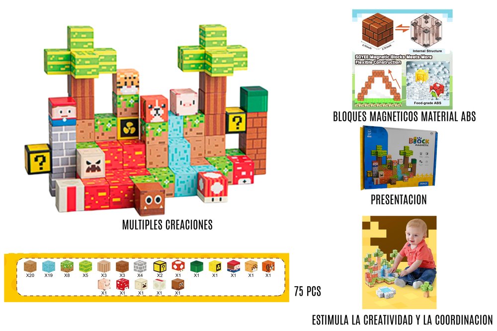 Bloques magnéticos de construcción infantil 75 piezas en ABS. Juguete educativo que desarrolla creatividad, coordinación y pensamiento lógico en niños.