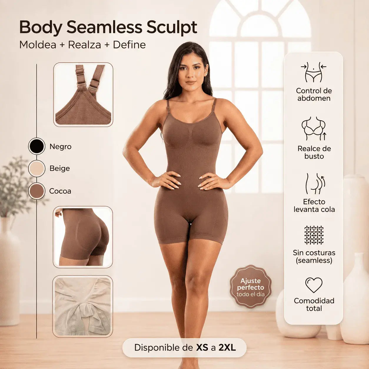 Compra body seamless tipo short sin costuras para mujer, moldeador cómodo e invisible con efecto estilizador y ajuste perfecto.