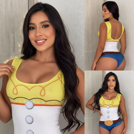 Body Vaquera Jessie para mujer con estampado completo y corte ajustado. Ideal como disfraz de vaquera para Halloween, fiestas temáticas y celebraciones.