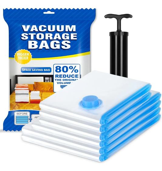 Compra bolsas de almacenamiento al vacío reutilizables con bomba de mano, ideales para ahorrar espacio y organizar ropa de forma práctica.