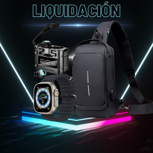 Combo con bolso antirrobo cruzado con clave y USB más smartwatch T10, audífonos y manillas. Seguridad, tecnología y estilo en un solo producto.