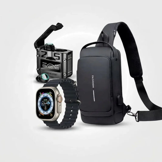 Combo con bolso antirrobo cruzado con clave y USB más smartwatch T10, audífonos y manillas. Seguridad, tecnología y estilo en un solo producto.