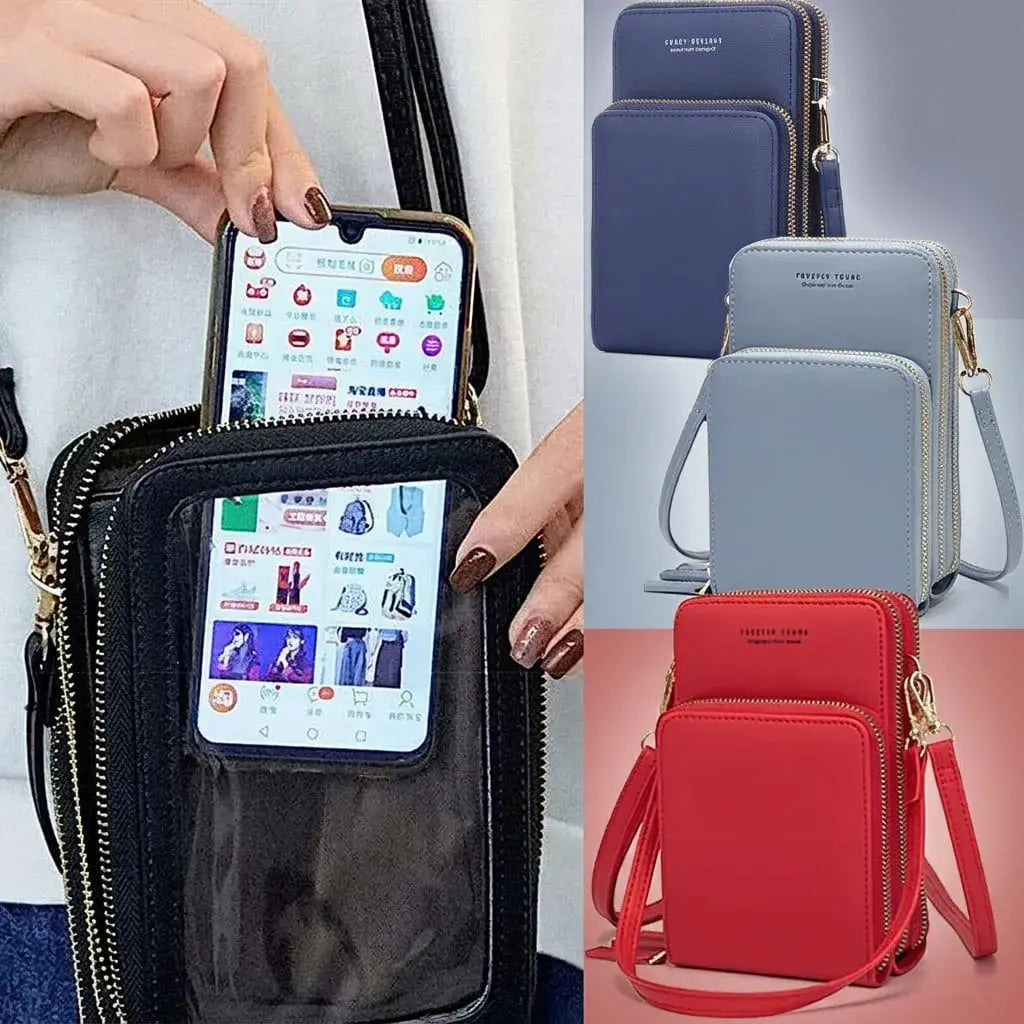Bolso billetera mujer con visor y bolsillo para celular. Compacto, elegante y con múltiples compartimentos para uso diario.