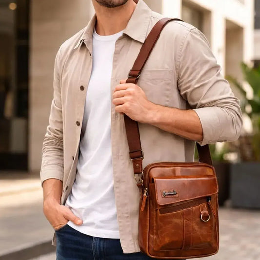 Bolso para caballero 100% cuero con compartimiento principal y tres bolsillos externos. Elegante, resistente y funcional para trabajo, viajes y uso diario.