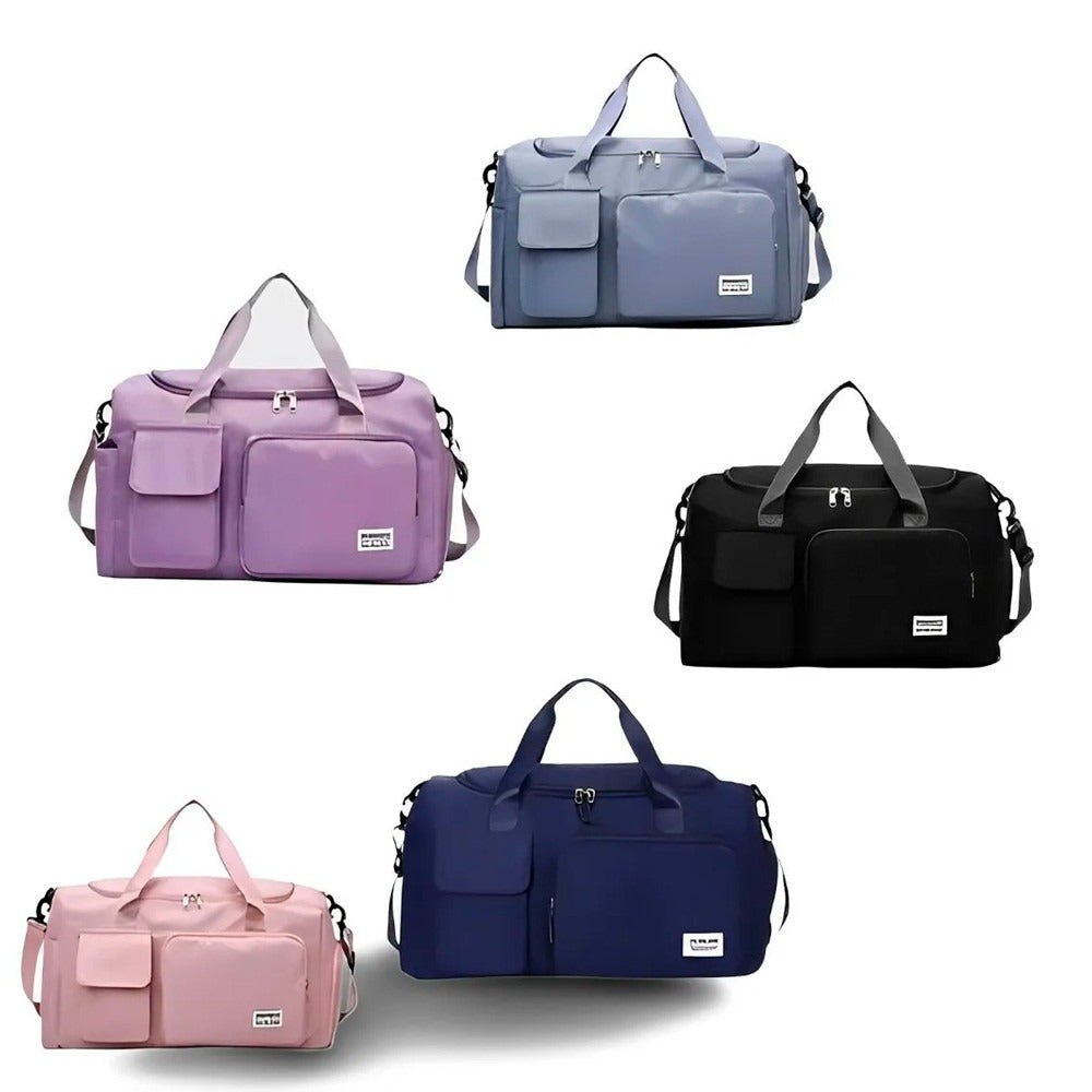 Bolso deportivo resistente con compartimento para zapatos y bolsillo impermeable. Ideal para gimnasio, viajes y uso diario con máxima organización.