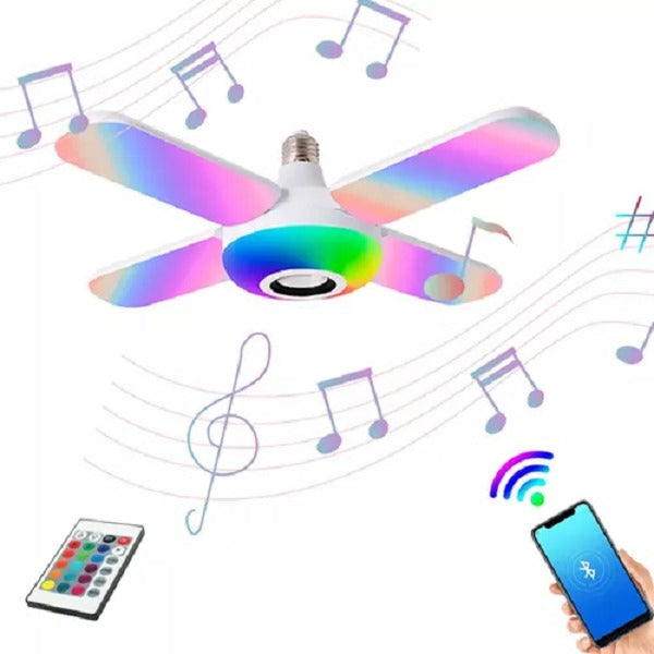 Bombillo LED RGB con bocina Bluetooth integrada, rosca E27 estándar, luz multicolor, bajo consumo e instalación sencilla para habitaciones, salas, fiestas y negocios.