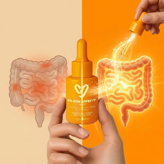 Suplemento líquido con probióticos, prebióticos y extractos naturales que apoya la digestión y el bienestar intestinal diario.