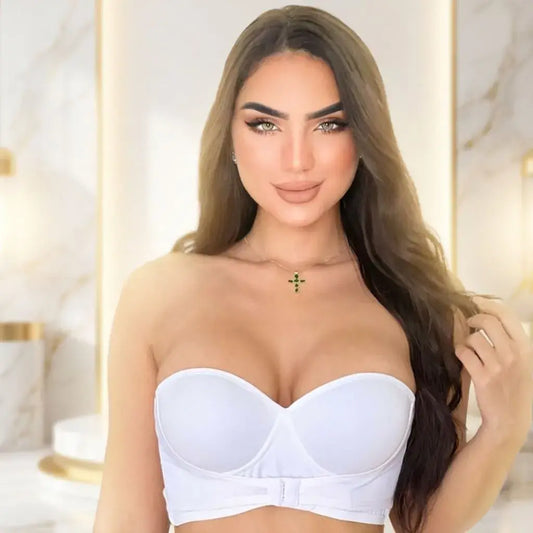 Brassier levanta busto strapless en lycra nylon con copas prehormadas, bandas siliconadas, arcos internos, varillas laterales y broches ajustables.