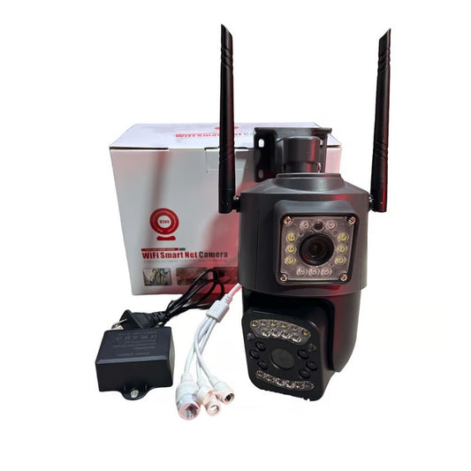 Cámara de seguridad PTZ doble lente WiFi 2MP con zoom digital 10x, detección humana, seguimiento automático, alarma visual, visión panorámica e IP66 para exteriores.